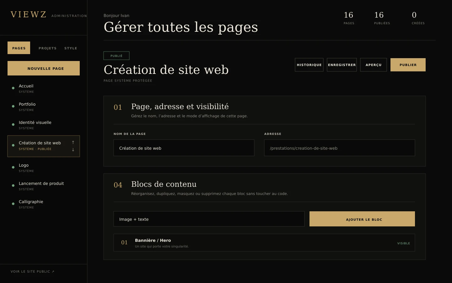Interface d’administration de VIEWZ Studio